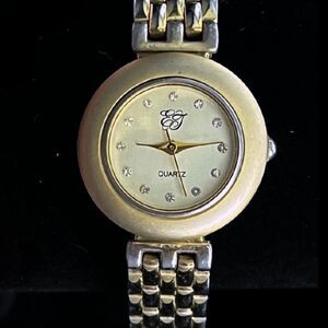 Vintage Elegant EJ Gold Tone Quartz Analog Ladies Watch with Rhinestone Markers